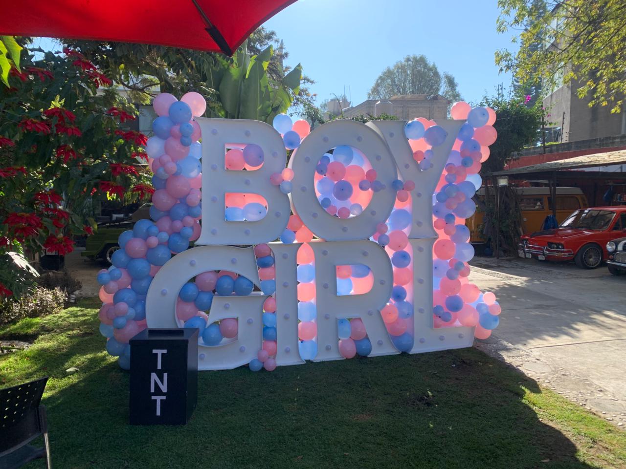 Decoracion con globos azul bebé y rosa con letras LED para revelación de género - Perfect Party