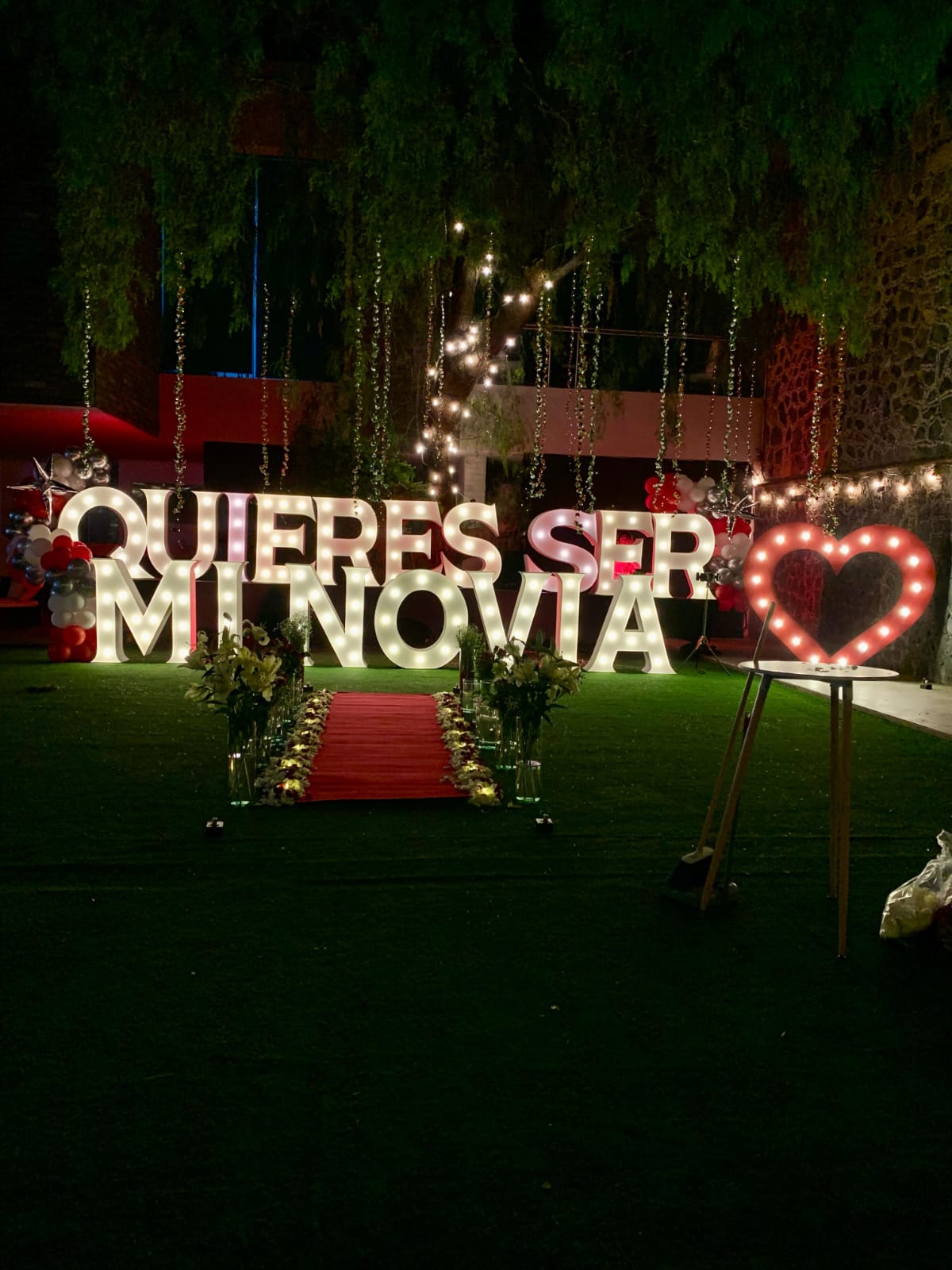 Letras LED rojo con flores para propuesta de matrimonio - Perfect Party
