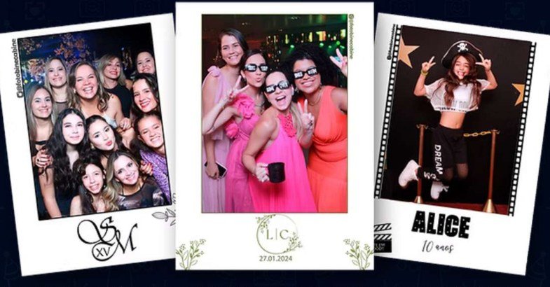 Tiras de fotos instantáneas impresas por cabina fotográfica en fiesta